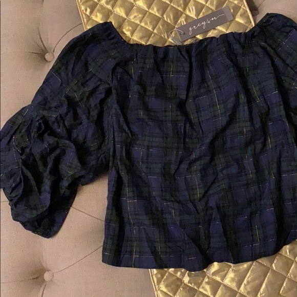Plaid Off the Shoulder Top with Puff Sleeves - Picture 3 of 6